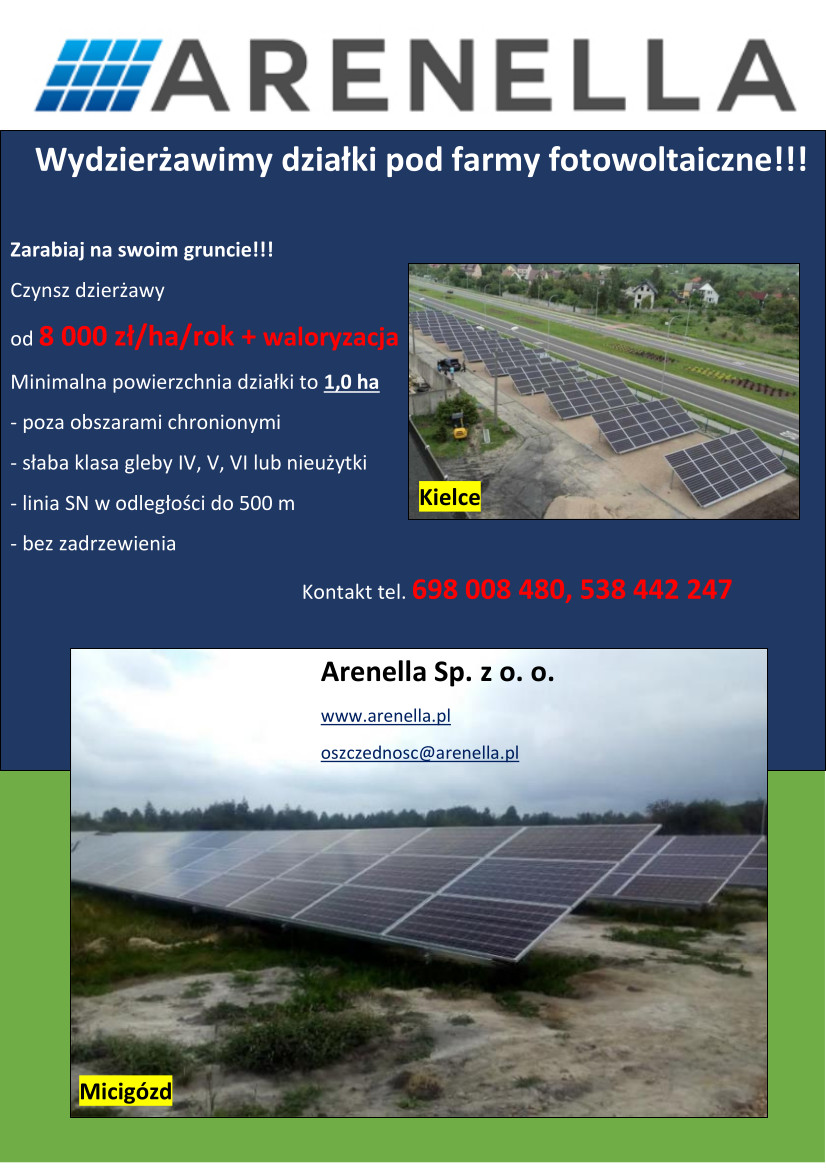 Firma Arenella Sp. z o.o. wydzierżawi tereny pod budowę farm fotowoltaicznych